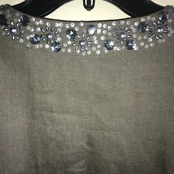 Chico's Khaki Green Sequin Beaded Open Front Linen Jacket - Picture 3 of 5